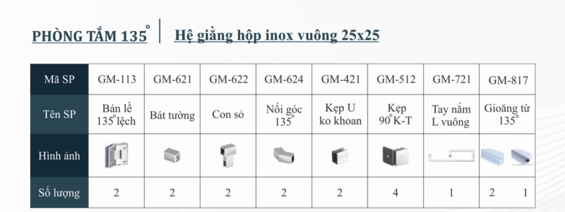 Phòng tắm 135 độ Hệ giằng hộp inox vuông