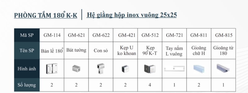 Phòng tắm 180 độ Hệ giằng hộp inox vuông