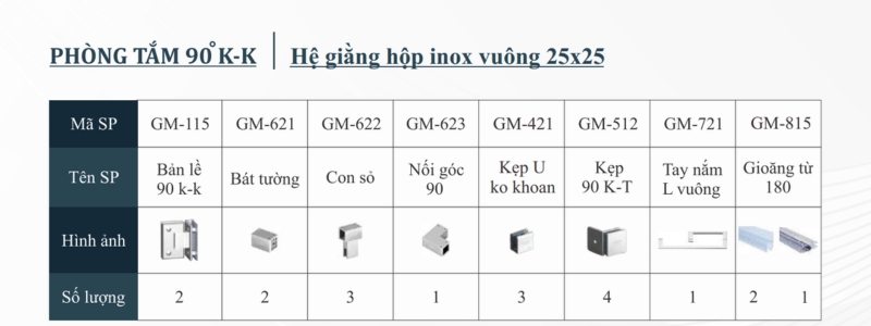 Phòng tắm 90 độ K-K Hệ giằng hộp inox vuông