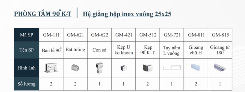 Phòng tắm 90 độ K-T Hệ giằng hộp inox vuông