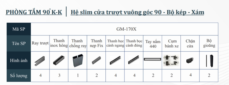 Phòng tắm kính 90 độ Hệ slim Cửa trượt Bộ kép