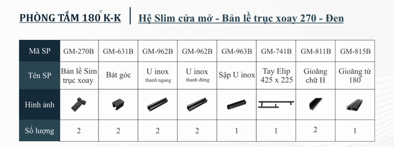 Phòng tắm 180 độ Hệ slim Cửa mở Bản lề trục xoay